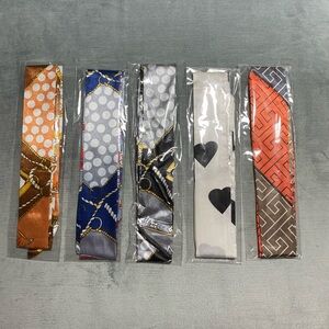 Set of 5 NIP satin design themed handbag scarves approx. 33.5”x1.6“